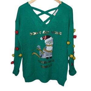 Poof New York Green Tinsel Cat Sweater Size Medium